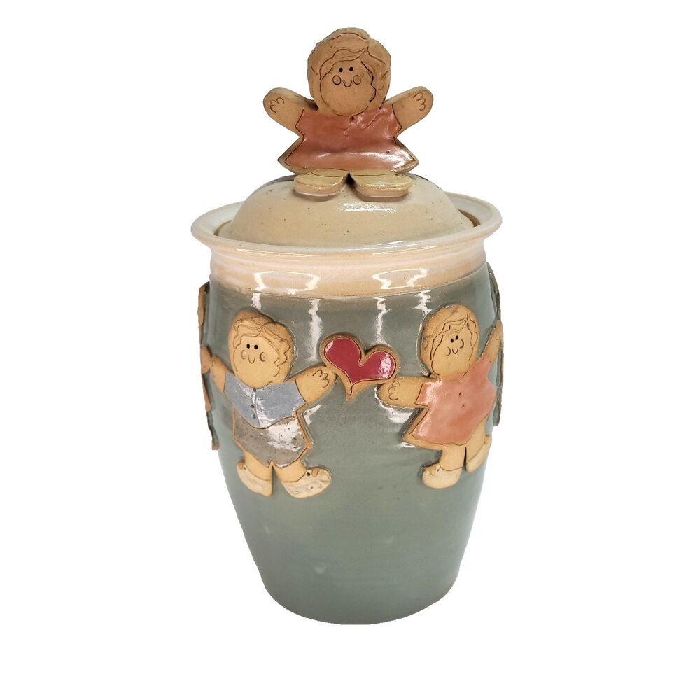Vtg Handmade Pottery Canister 13" Gingerbread Girls‎ Boys signed E Lamb Country